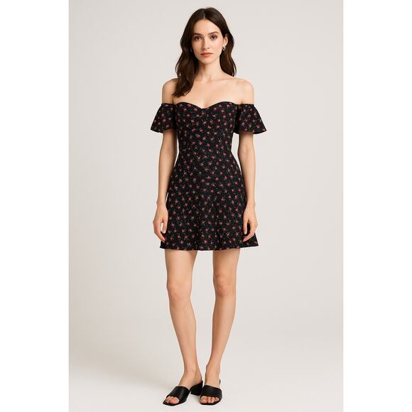 Bailey 44 Black Red Floral Off Shoulder Mini Dress Size 2 Cottagecore Romantic - Picture 1 of 8